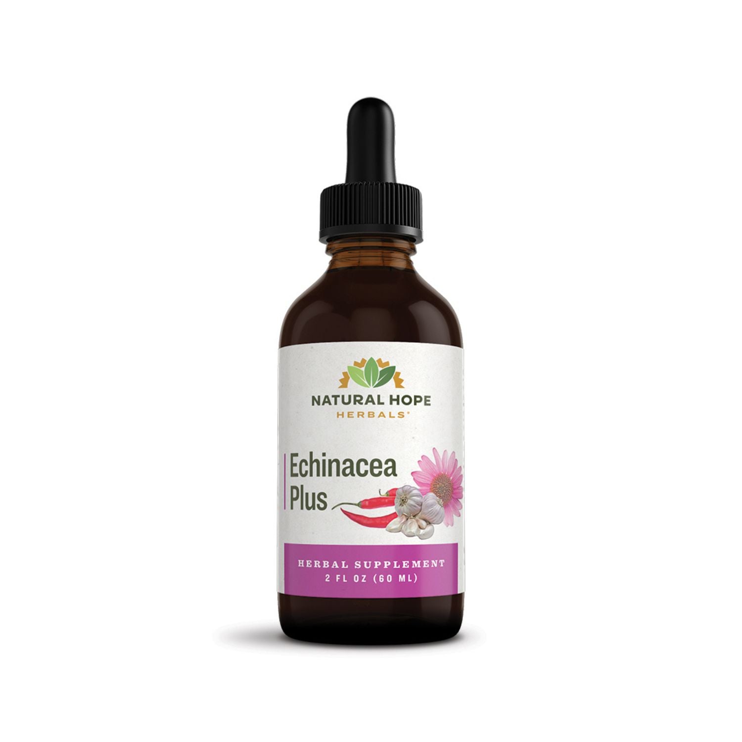 Natural Hope Herbals Echinacea Plus herbal supplement in 2 fl oz (60 ml) dropper bottle, featuring a blend of echinacea, garlic, and cayenne for enhanced immune support.