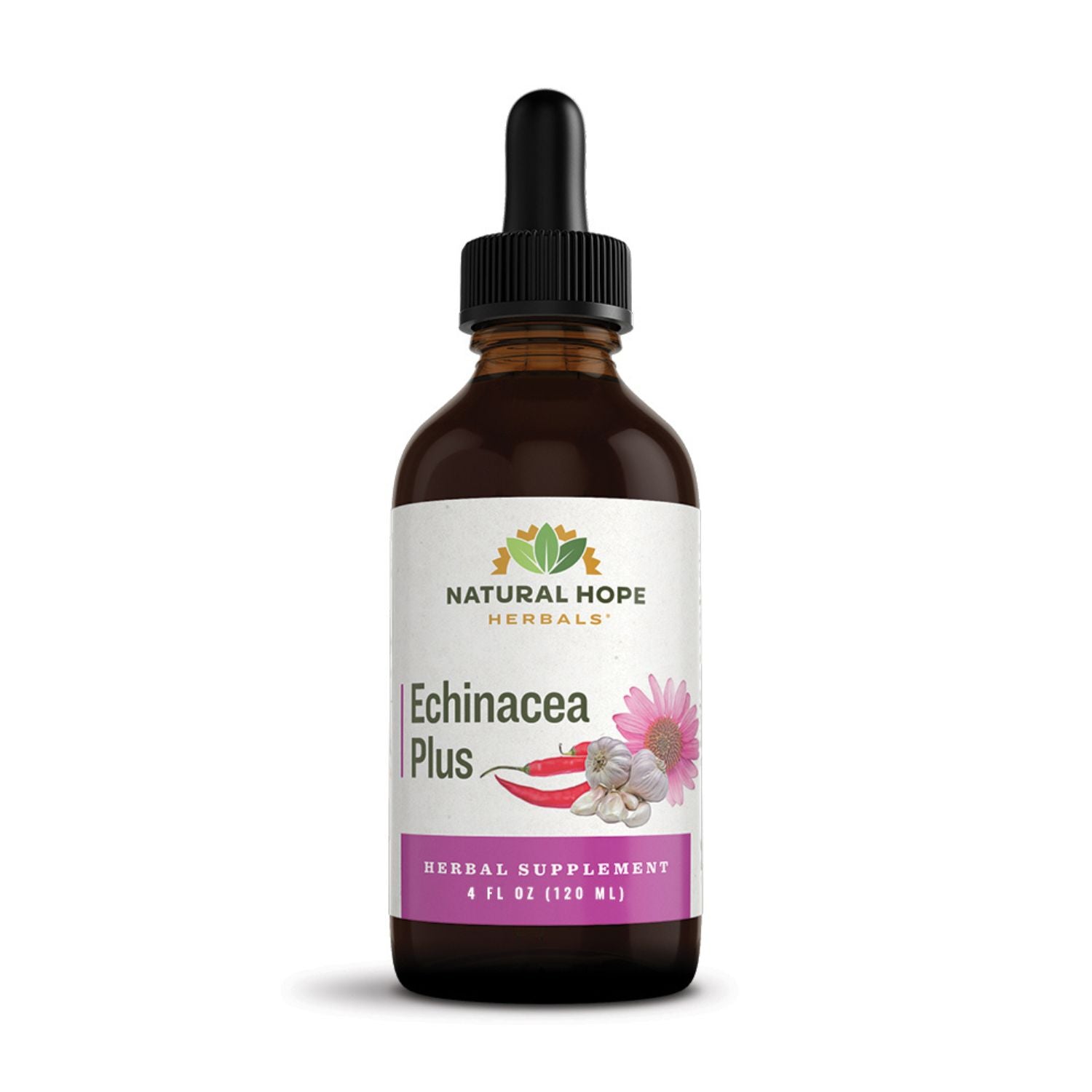 Natural Hope Herbals Echinacea Plus herbal supplement in 4 fl oz (120 ml) dropper bottle, featuring a blend of echinacea, garlic, and cayenne for enhanced immune support.