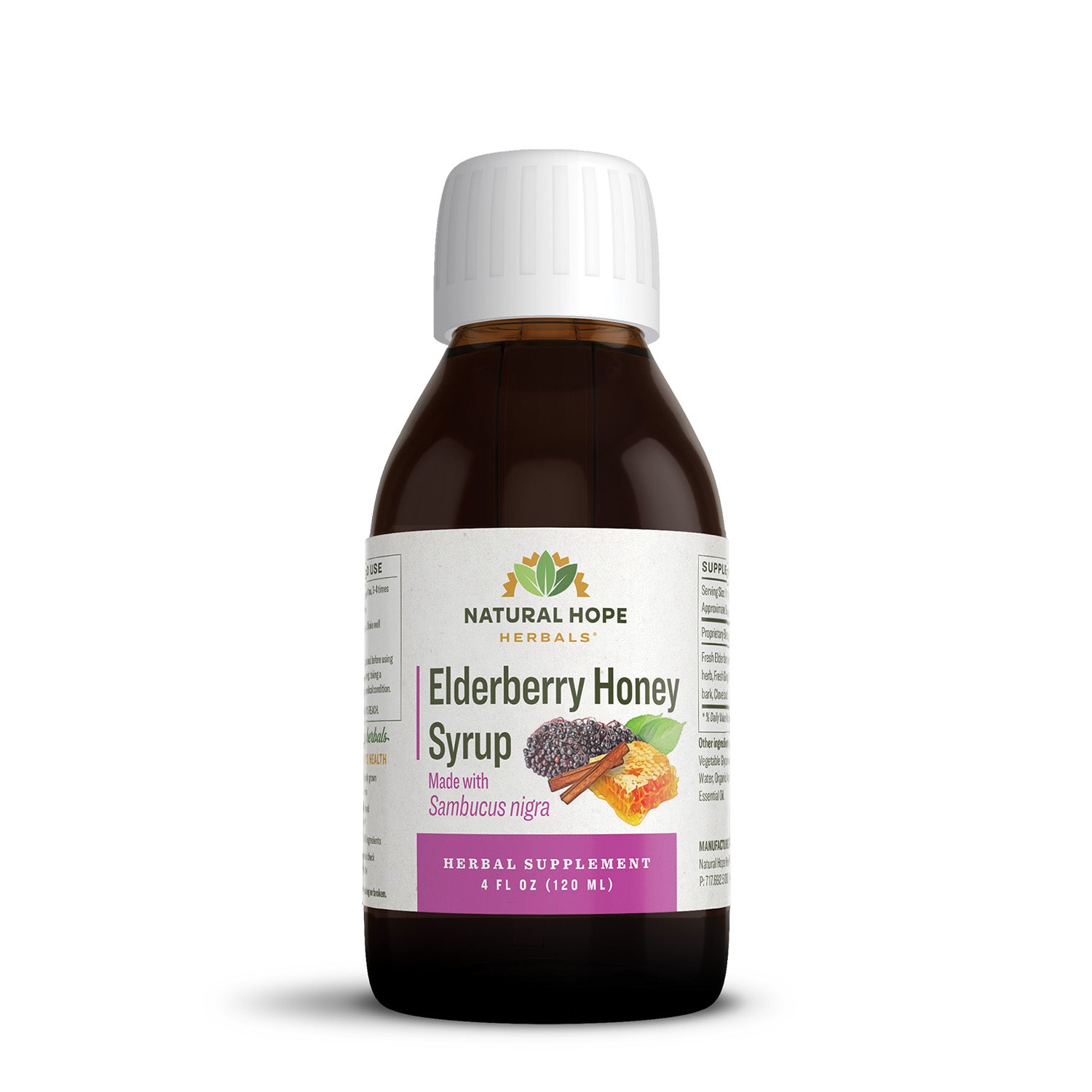 Natural Hope Herbals Elderberry Honey Syrup in 4 fl oz (120 ml) bottle, made with Sambucus nigra for natural immune support and wellness.