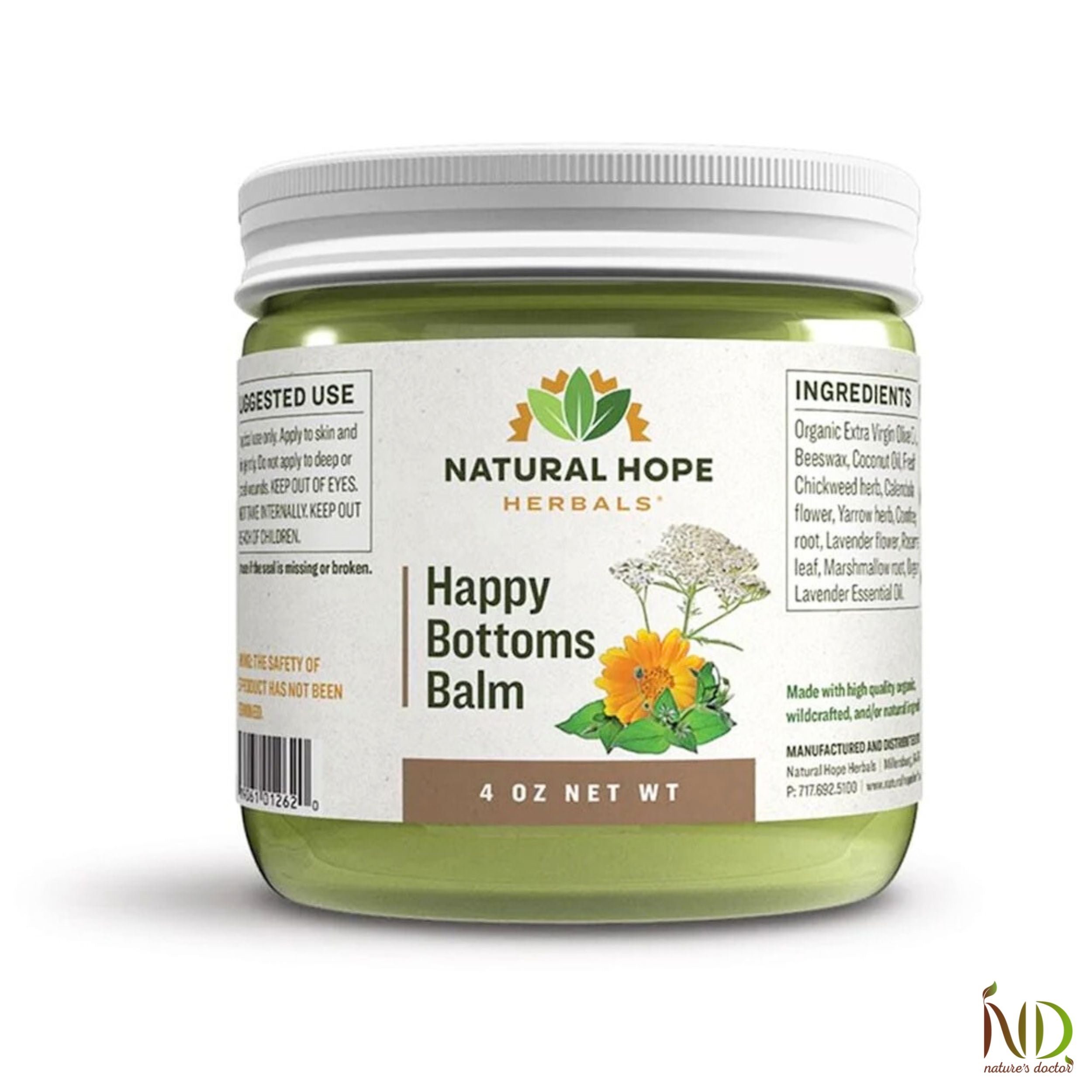 Natural Hope Herbals Happy Bottoms Balm in 4 oz jar, designed with organic ingredients to soothe and protect sensitive skin.