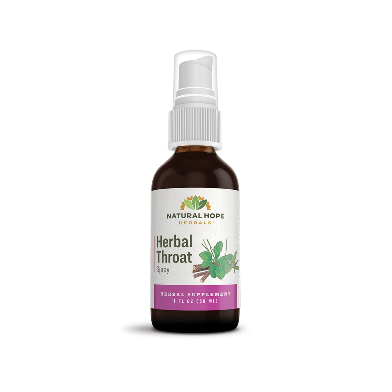 Natural Hope Herbals Herbal Throat Spray in 1 fl oz (30 ml) bottle, designed for soothing sore throats with herbal ingredients.