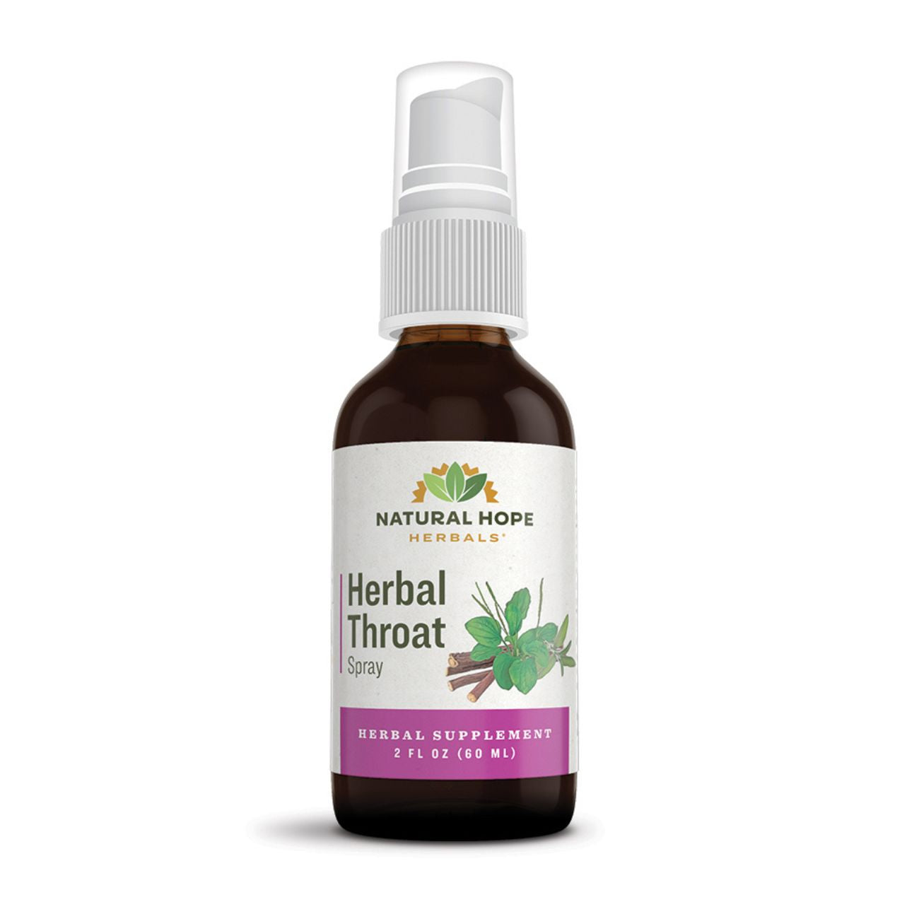 Natural Hope Herbals Herbal Throat Spray in 2 fl oz (60 ml) bottle, designed for soothing sore throats with herbal ingredients.