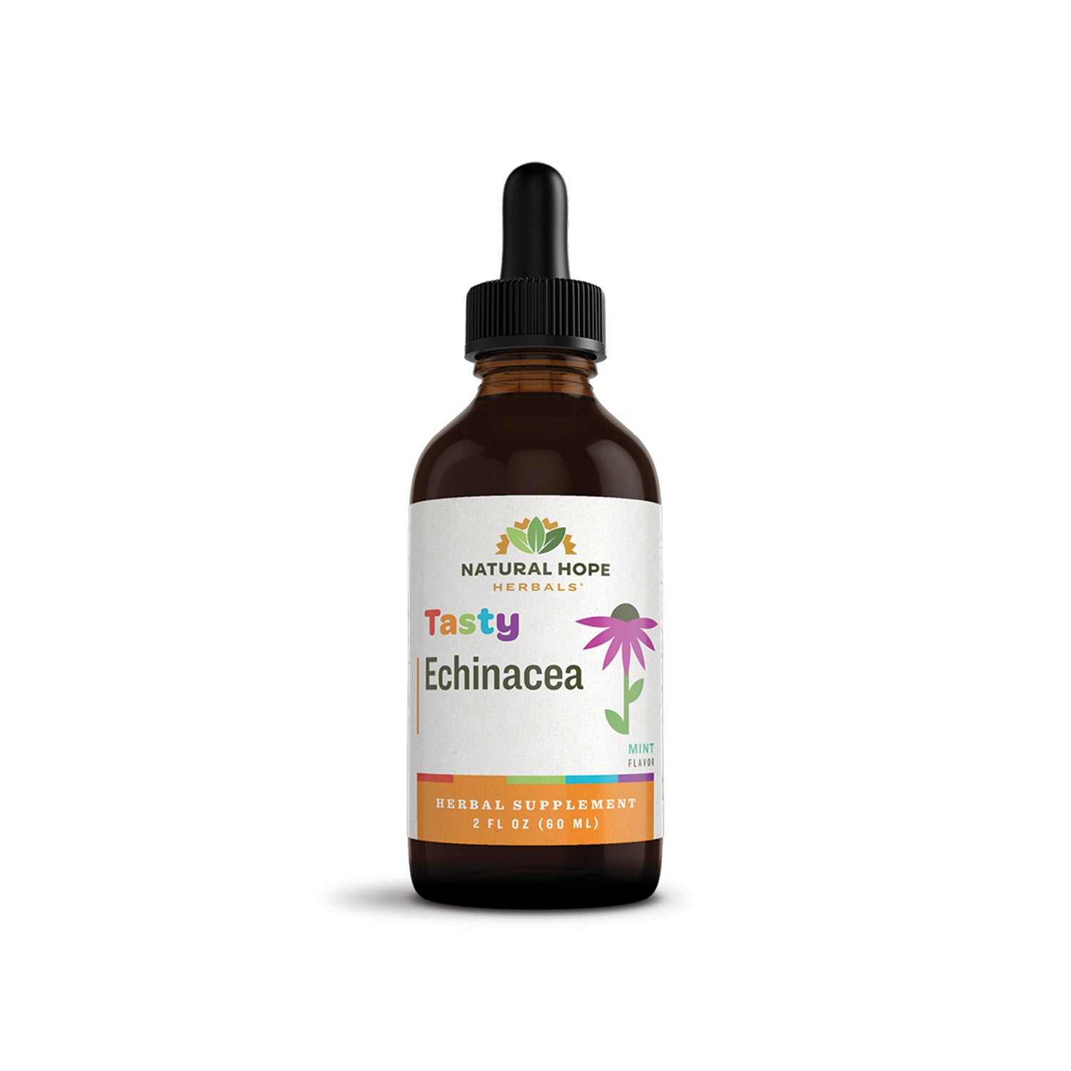 Natural Hope Herbals Tasty Echinacea herbal supplement in a 2 fl oz (60 ml) dropper bottle, mint flavor for immune support.