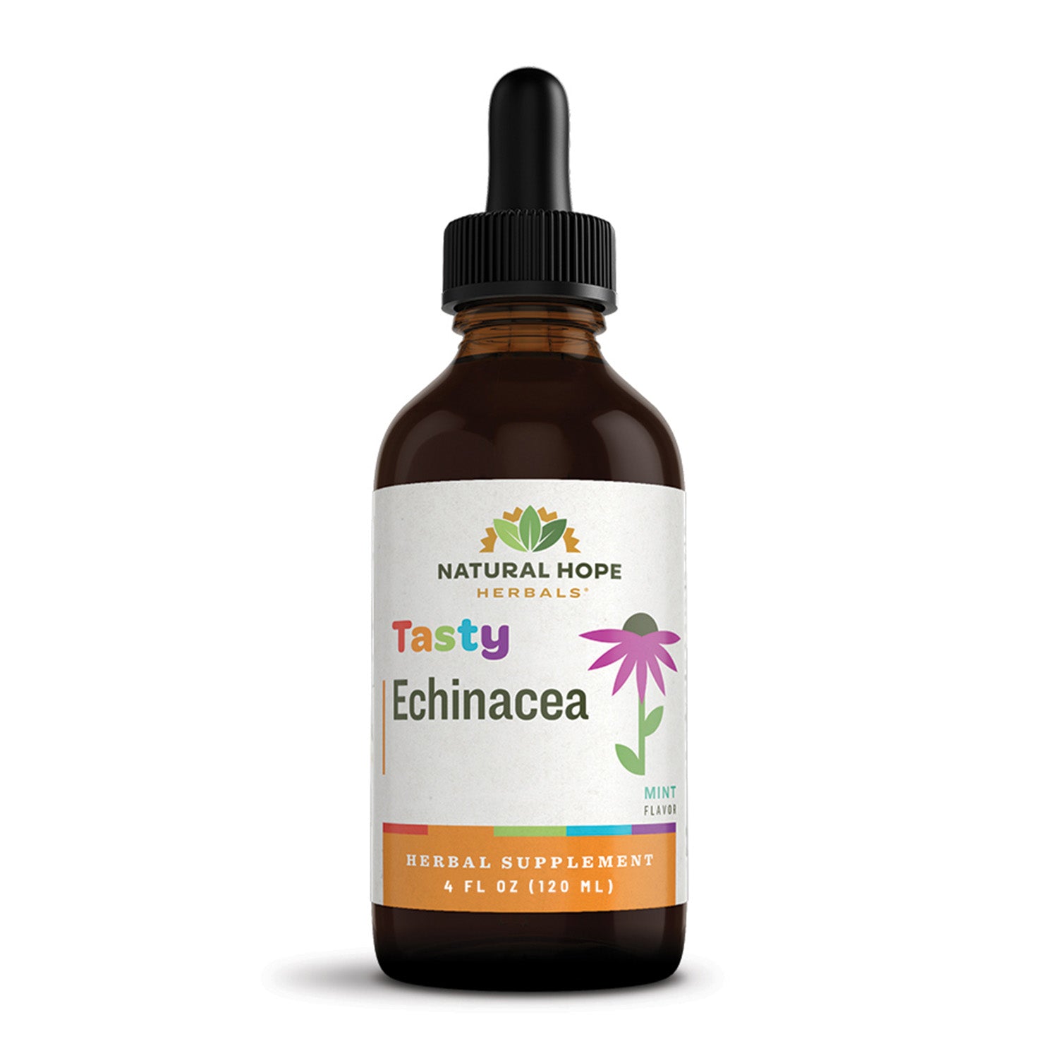 Natural Hope Herbals Tasty Echinacea herbal supplement in a 4 fl oz (120 ml) dropper bottle, mint flavor for immune support.