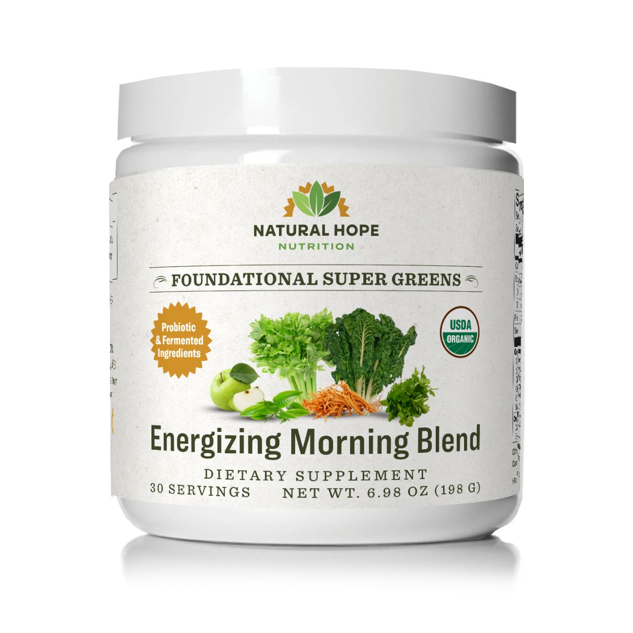Natural Hope Nutrition Foundational Super Greens Energizing Morning Blend in 6.98 oz (198 g) container, a dietary supplement packed with probiotics and greens for a nutritional boost.