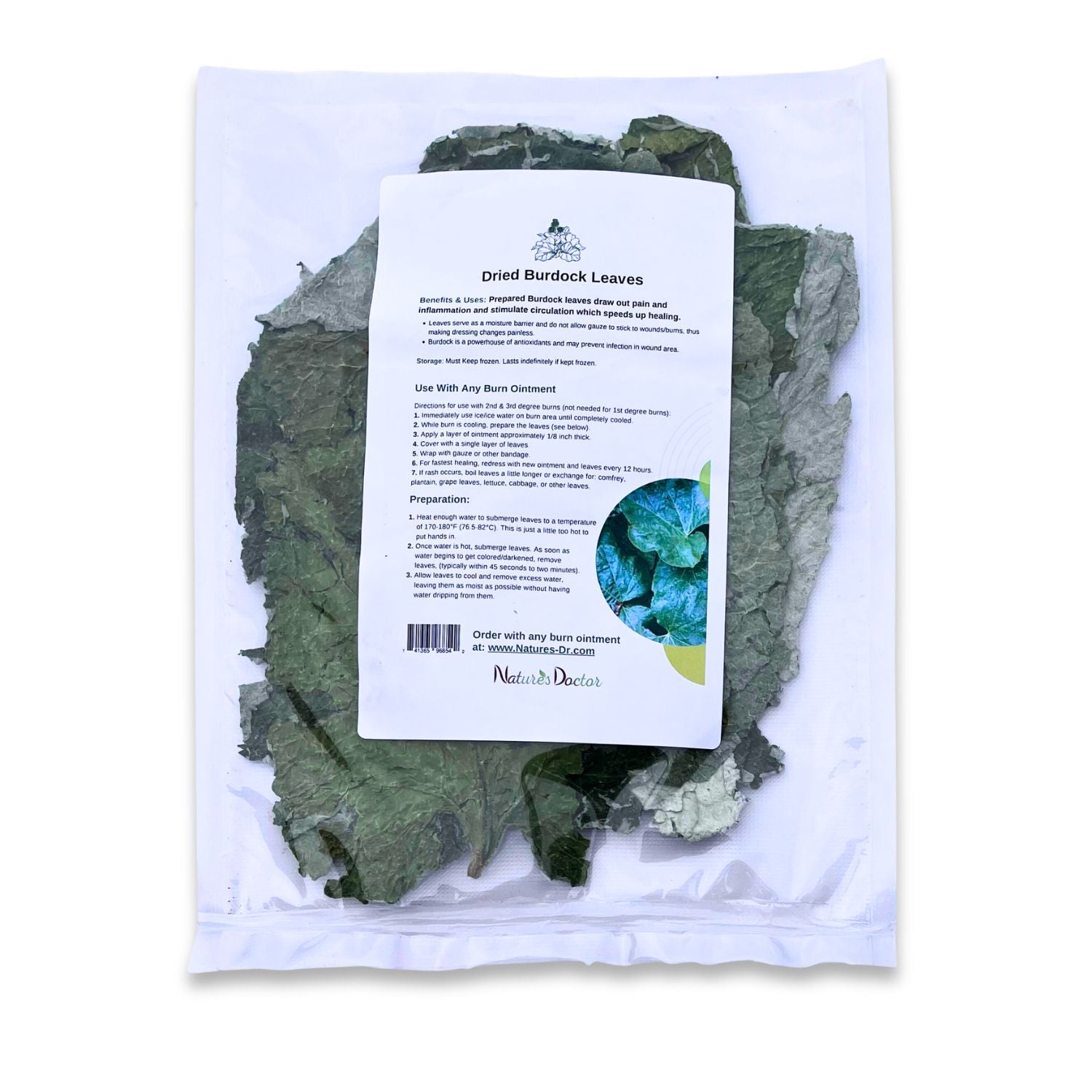 Nature’s Doctor Dried Burdock Leaves in resealable bag with instructions for use, intended for natural pain relief and inflammation reduction.