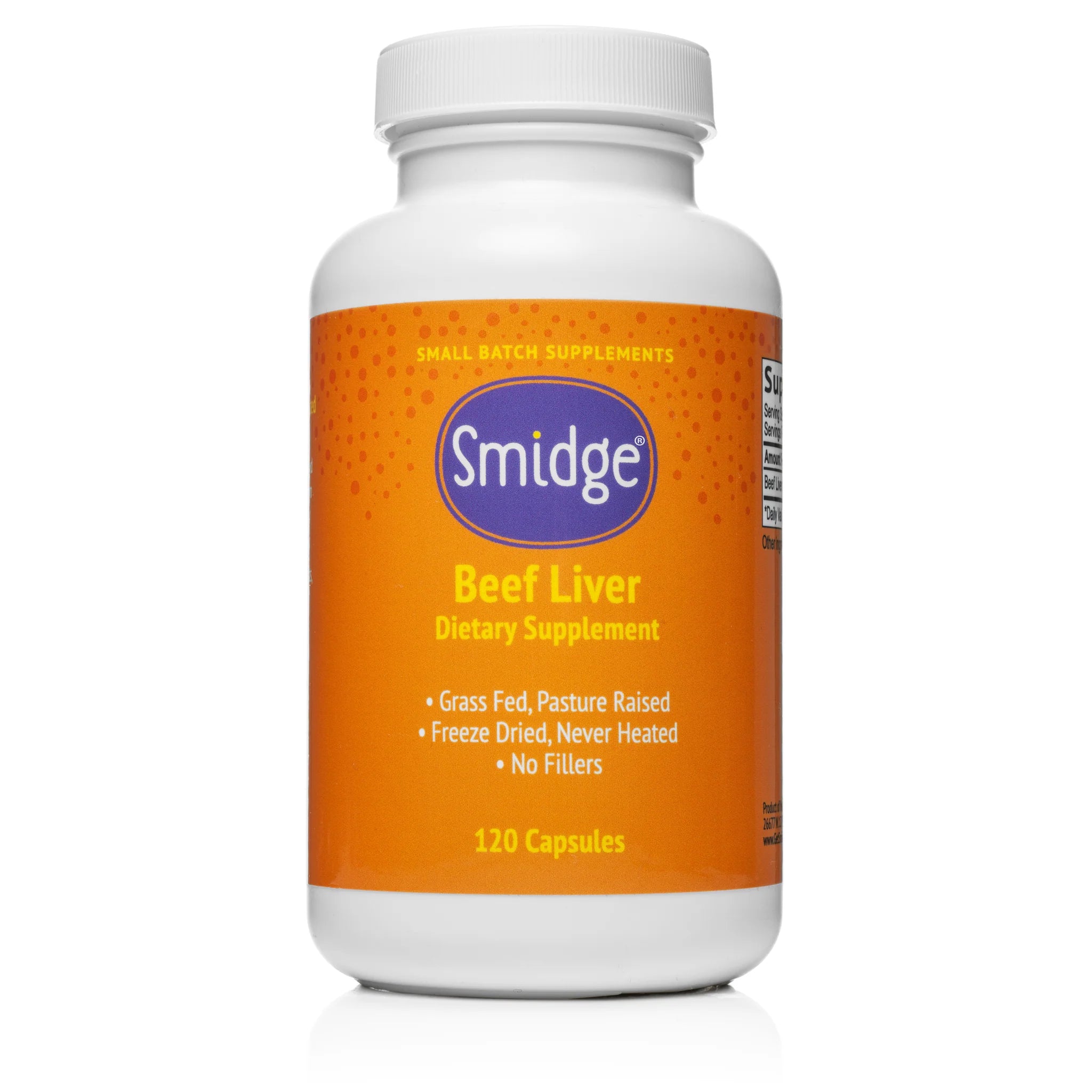 Smidge Beef Liver dietary supplement in a bottle containing 120 capsules, featuring grass-fed and pasture-raised ingredients.