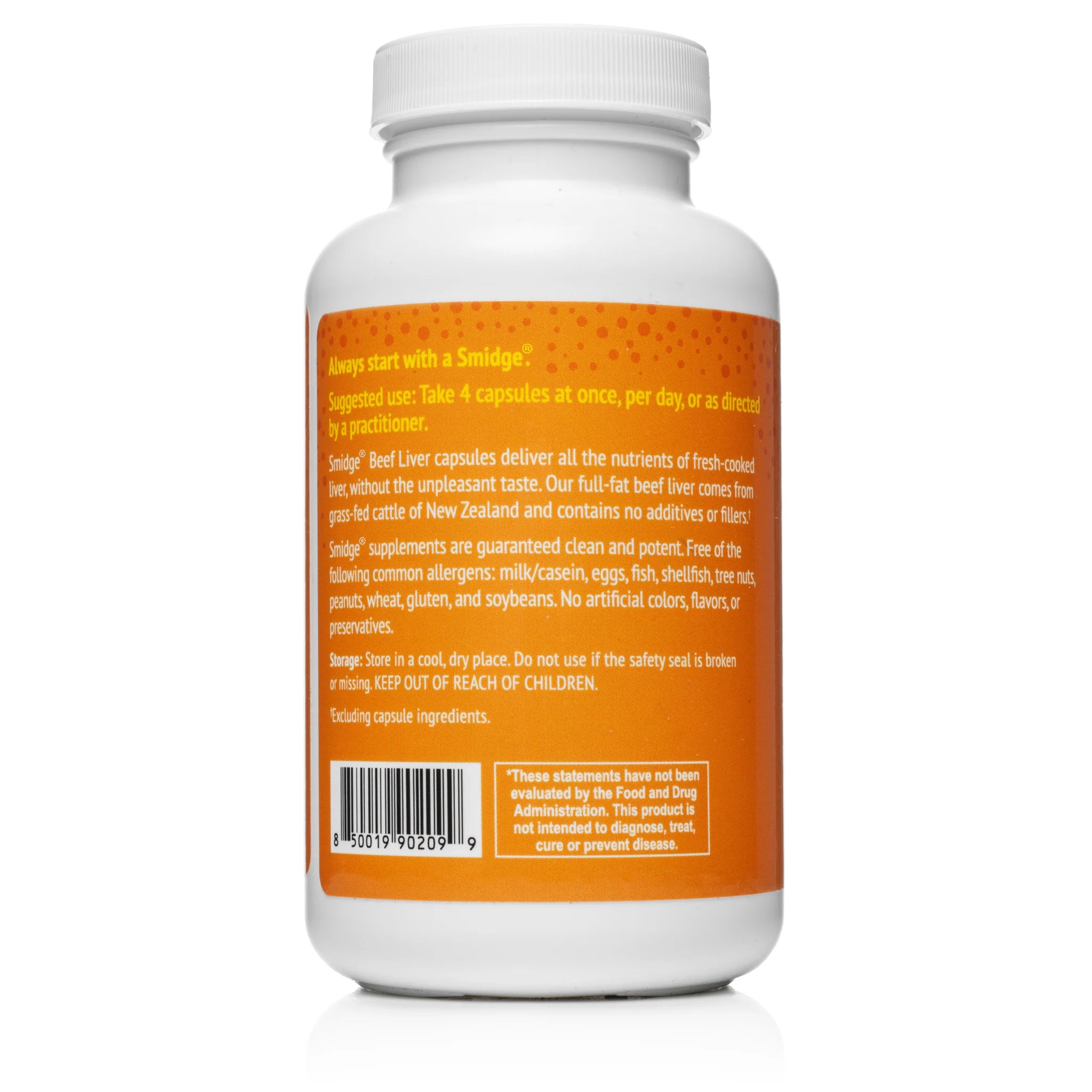 Smidge Beef Liver dietary supplement in a bottle containing 120 capsules, featuring grass-fed and pasture-raised ingredients.