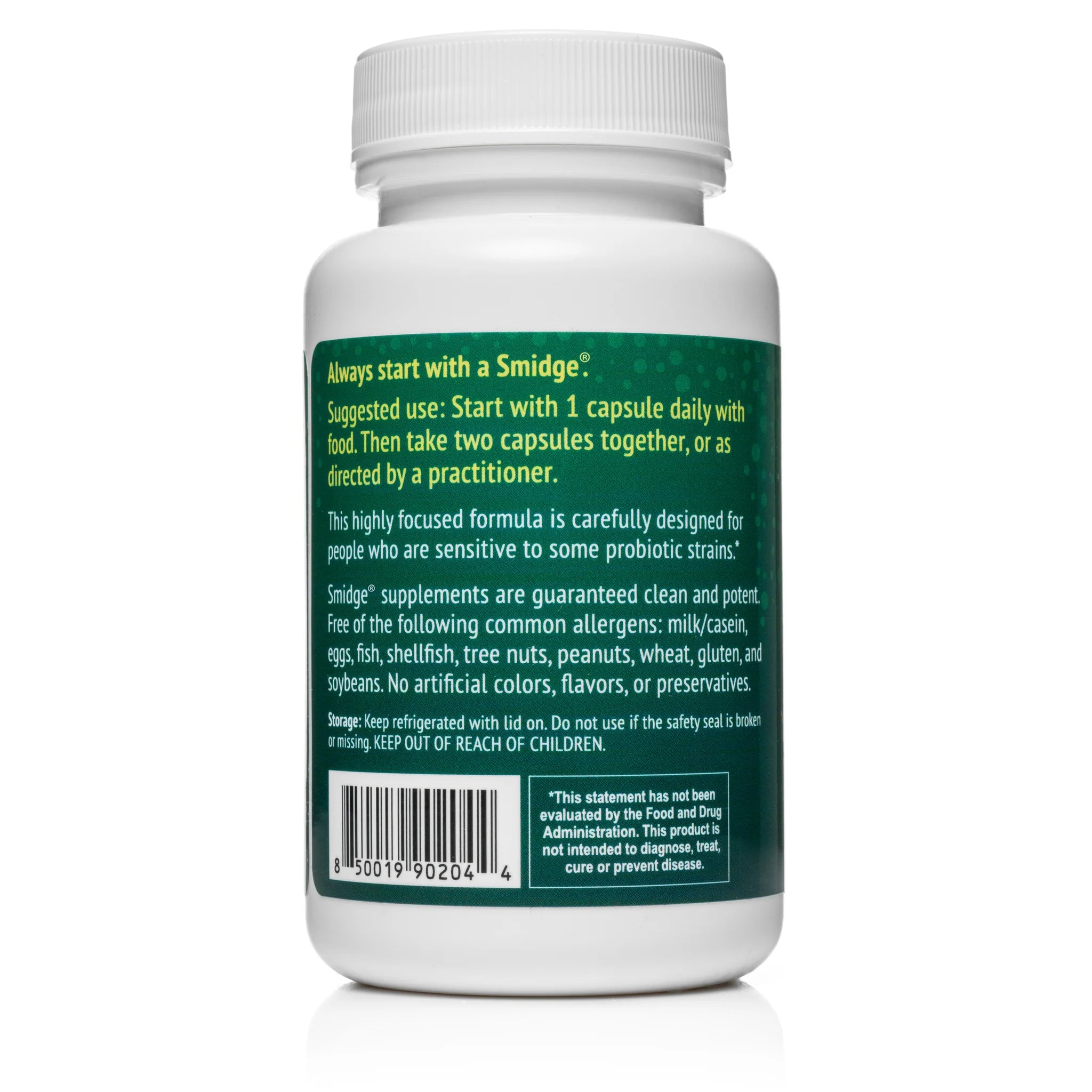 Smidge Sensitive Probiotic Capsules in a 60-capsule bottle, gluten and dairy-free, with no added prebiotics and 8 probiotic strains.