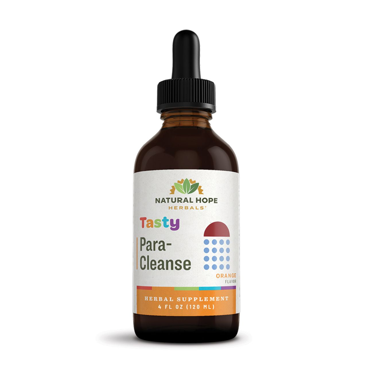 Natural Hope Herbals Tasty Para-Cleanse herbal supplement in a 4 fl oz (120 ml) dropper bottle, orange flavor for digestive health.