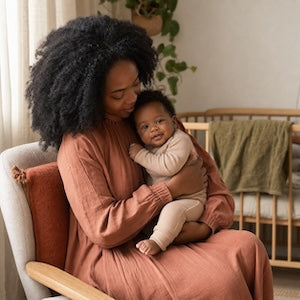 A woman with dark curly hair sits in a chair holding a baby in a softly lit nursery. The woman wears a dusty terracotta long-sleeve top and matching skirt, while the baby wears a light cream outfit.