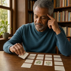An older man with gray hair sits at a wooden table in a library or study, looking thoughtfully at a set of small illustrated cards laid out in front of him. Bookshelves and a window are visible in the background.