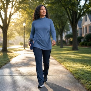 A woman walking on a sunlit tree-lined path wearing a slate blue long-sleeve top and dark navy pants.