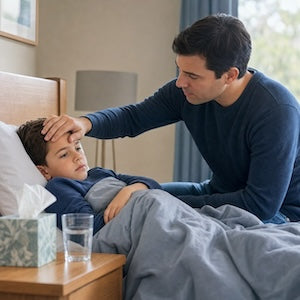 A man in a navy blue long-sleeve shirt sits in a bed with a young boy, who is lying under gray blankets and taking a temperature. A tissue box and a glass of water sit on the bedside table.
