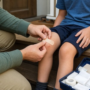 A close-up lifestyle shot of a person applying a small beige bandage to a child's knee. The child is wearing a blue t-shirt and navy shorts, and a blue first-aid kit is visible in the bottom right corner.