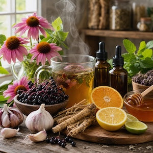 A rustic herbal tea setup on a wooden table with a clear glass mug filled with steaming tea, surrounded by pink coneflowers, blackberries, garlic, ginger, citrus slices, honey, and amber dropper bottles in a warm kitchen-like setting.