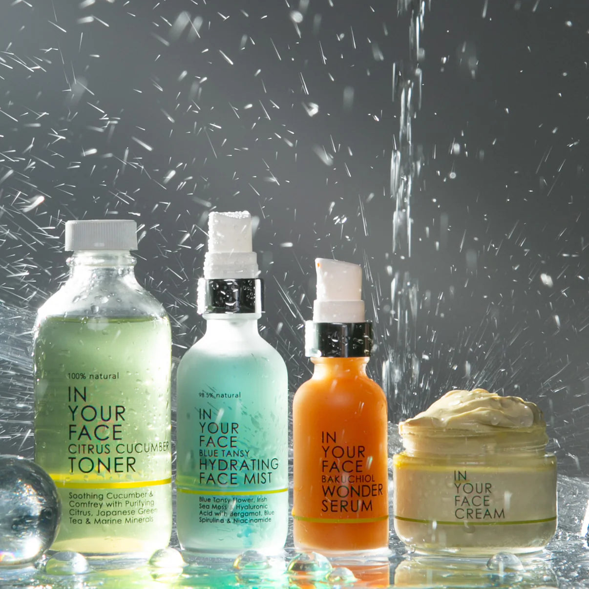 In Your Face Skin Flooding Set – Citrus Cucumber Toner, Blue Tansy Hydrating Face Mist, Bakuchiol Wonder Serum, and Face Cream with water splash