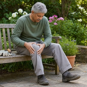 A man with gray hair sits on a wooden garden bench, holding his knee. He is wearing a sage green long-sleeve shirt, light gray trousers, and dark gray shoes.