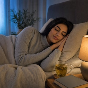A woman rests asleep in bed under a gray blanket, with a lit bedside lamp and a glass of tea on a wooden nightstand next to her.