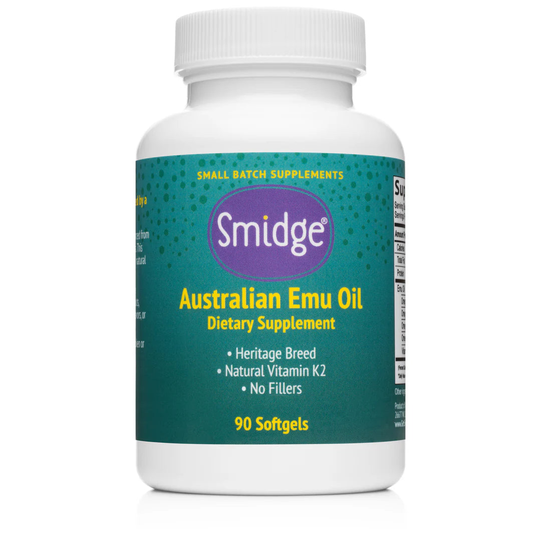 Smidge Emu Oil dietary supplement in a bottle containing 90 softgels, featuring benefits like heritage breed sourcing and natural Vitamin K2.