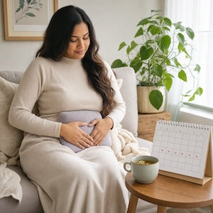 A woman in a cozy living room setting, sitting on a couch wrapped in a cream knit sweater and blanket, holding a light purple belly support pillow. A small wooden table next to her holds a mug and a monthly calendar, with a green potted plant in the background.