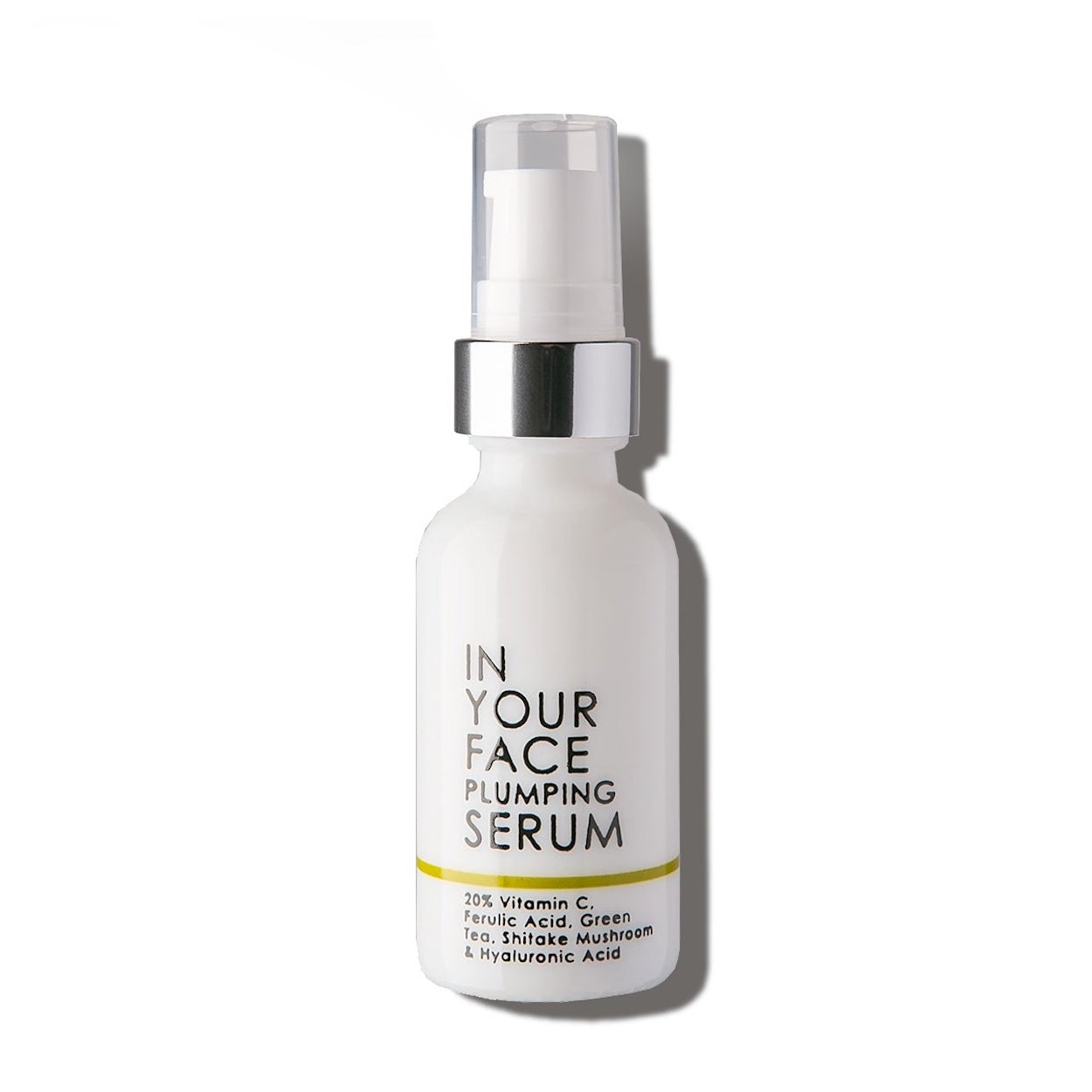 In Your Face Plumping Serum in a sleek glass bottle with a dropper, designed to provide plumping hydration and improve skin elasticity.