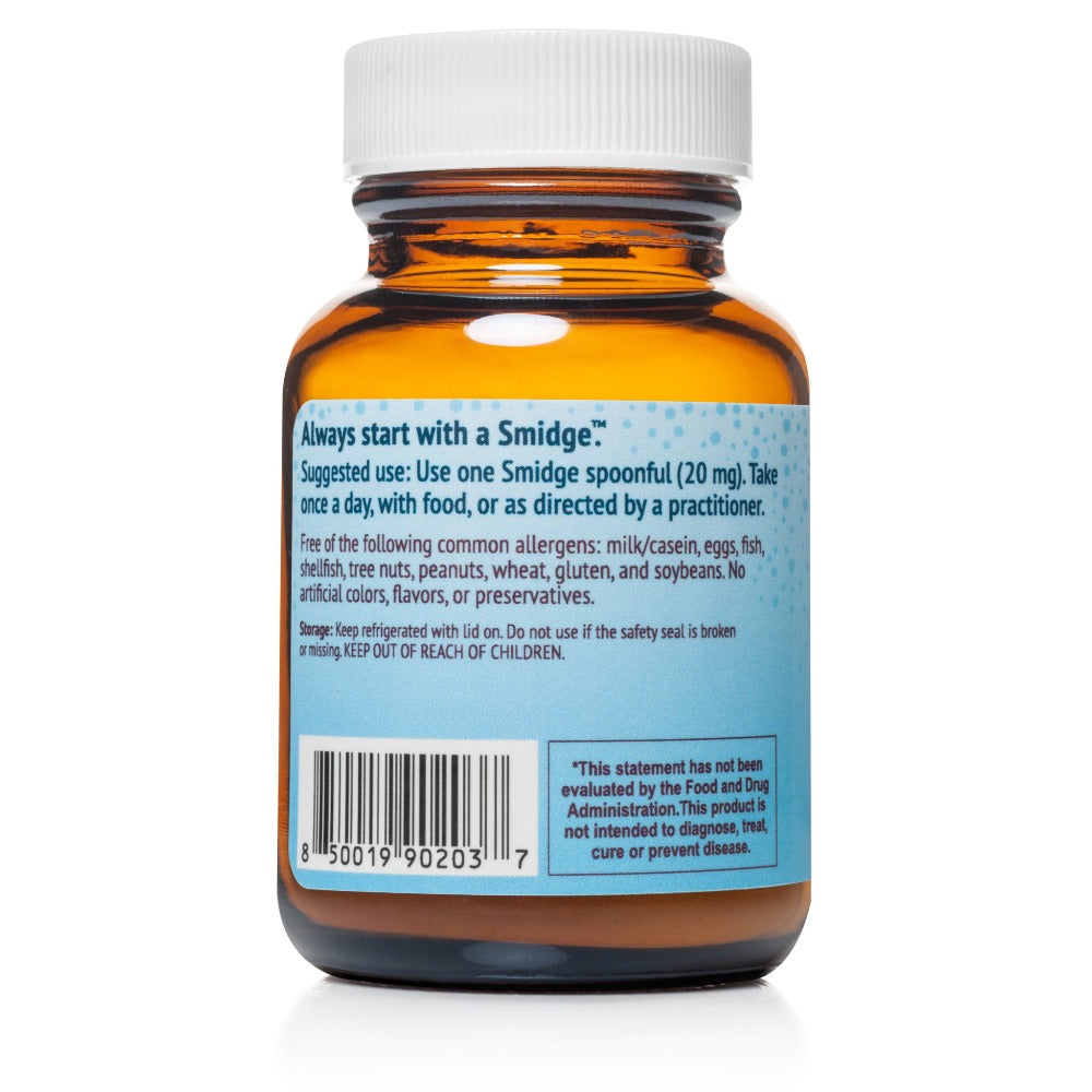 Smidge Infant Probiotic Powder in a 0.53 oz (15 g) amber jar, gentle formula for infants, gluten and dairy-free, with no added prebiotics.