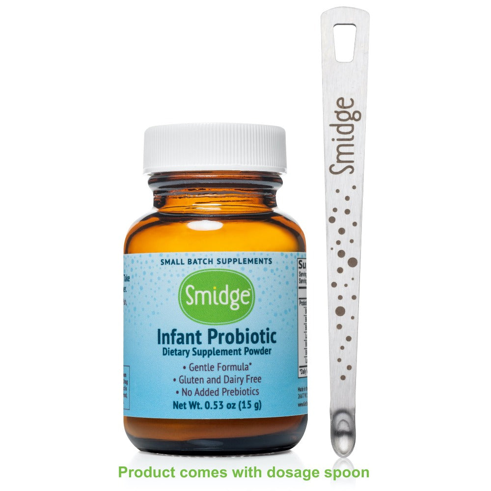 Smidge Infant Probiotic Powder in a 0.53 oz (15 g) amber jar, gentle formula for infants, gluten and dairy-free, with no added prebiotics.