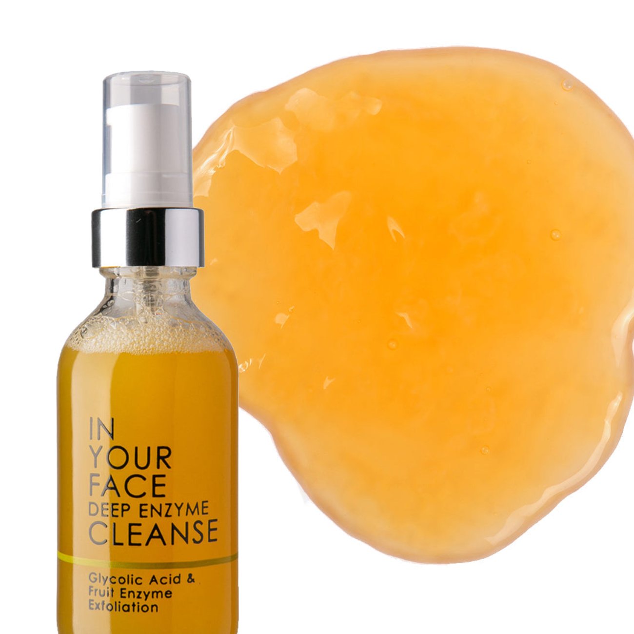 Glass bottle of "In Your Face Deep Enzyme Cleanse" featuring glycolic acid and fruit enzyme exfoliation for deep cleansing.